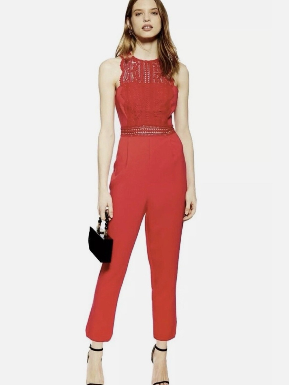 TOPSHOP Red Cropped Jumpsuit w Lace Bodice Women’s Size 2